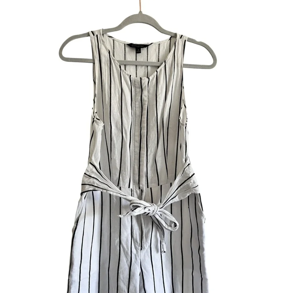 BR Women's Striped‎ White Wide Leg  Button Tie Front Cotton Jumpsuit 6